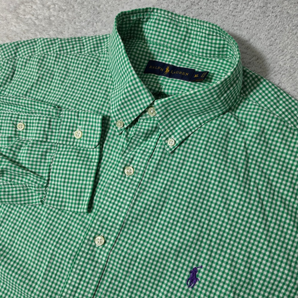 Ralph Lauren Button Down Mens XL Green Gingham Check L/S Purple Pony Logo‎